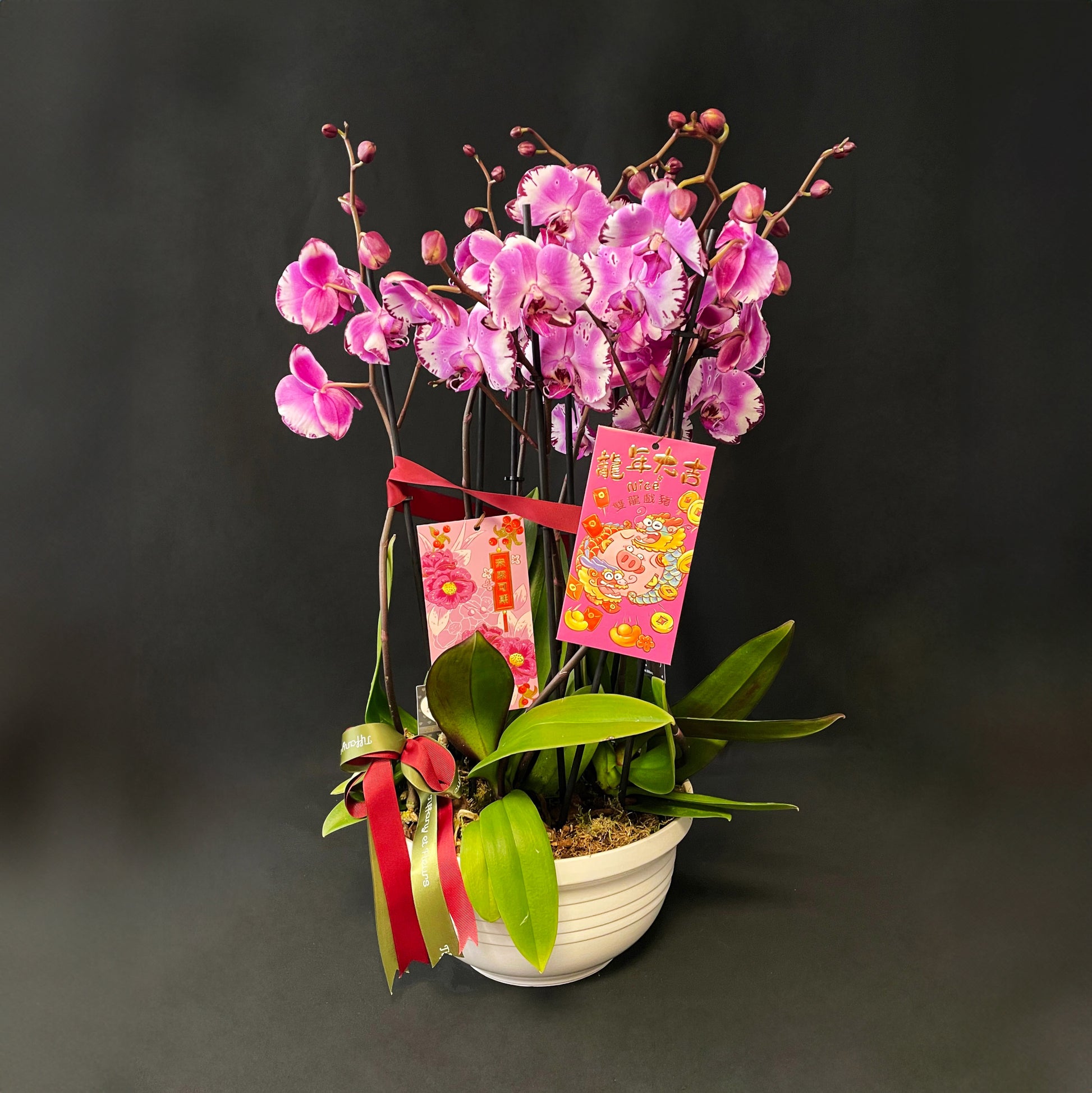 Lush purple orchid arrangement adorned with red Lunar New Year envelopes symbolising prosperity.