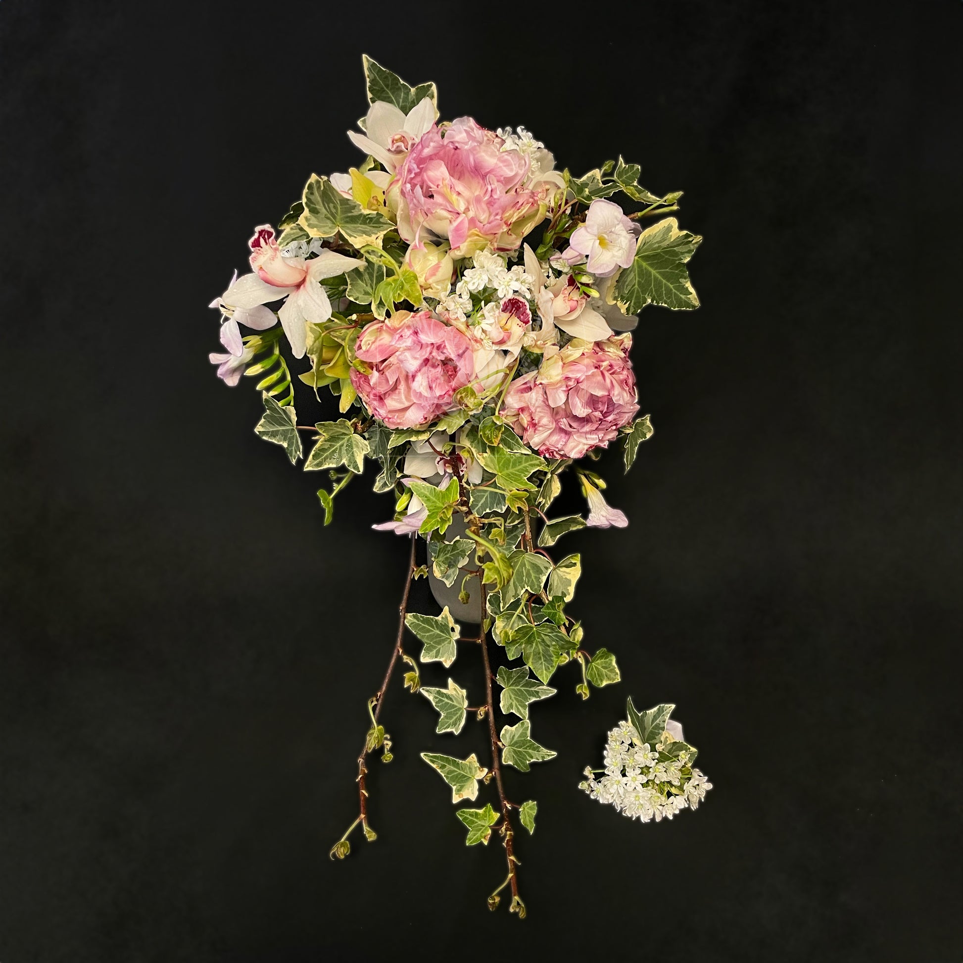 A cascading bridal bouquet featuring blush pink peonies, ivory blooms, and variegated ivy creating a romantic, overhanging effect.