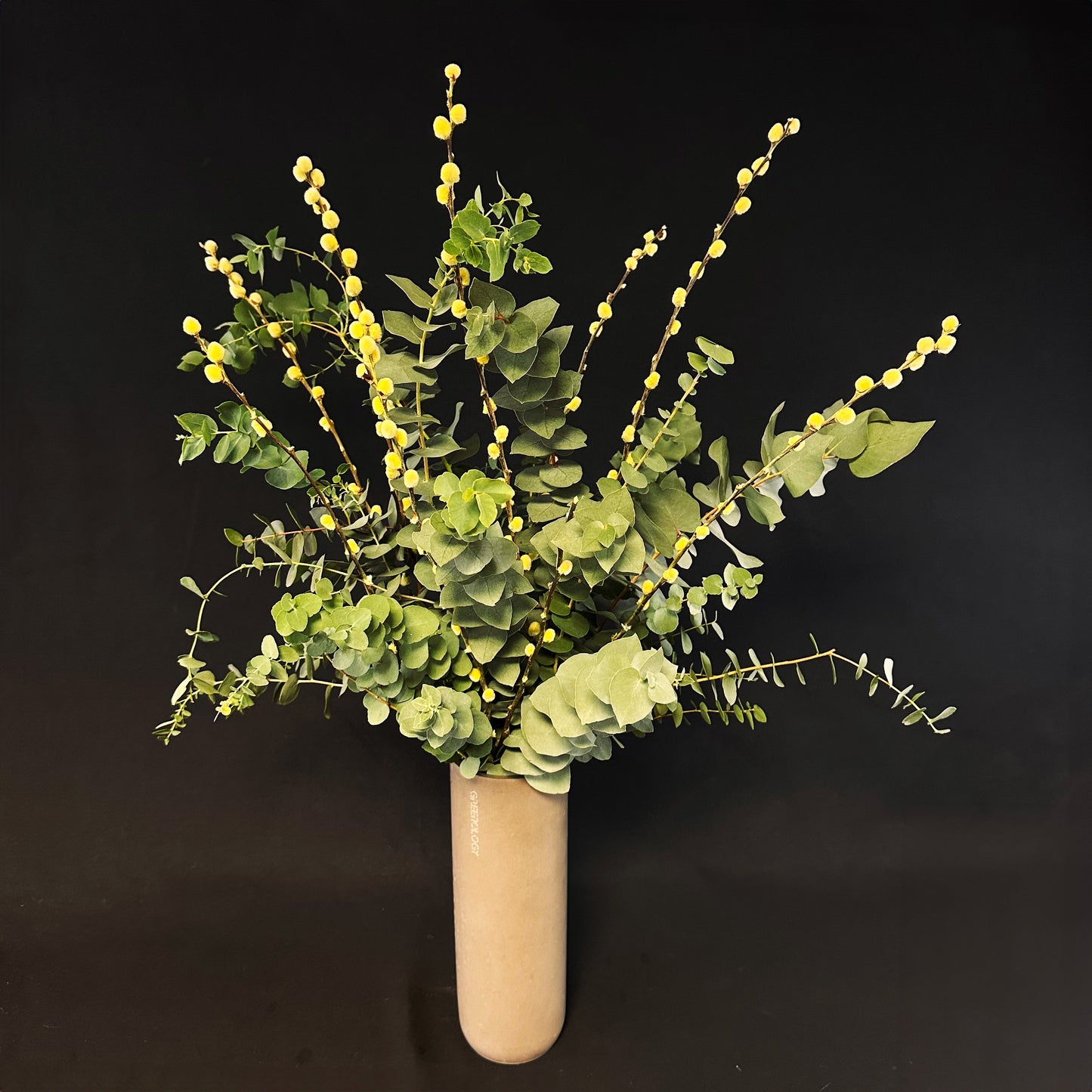 A rustic bouquet featuring Eucalyptus leaves and soft pussy willow catkins